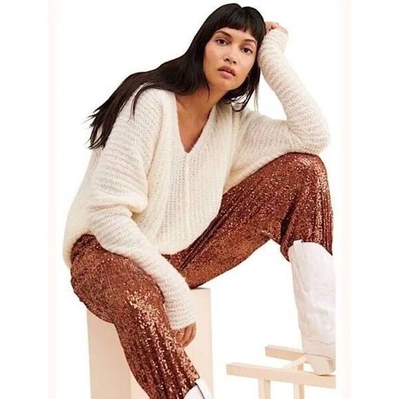 Free People Metallic Bronze Morelia Sequin High Waist Pull-On Jogger Pants Small - Picture 1 of 7